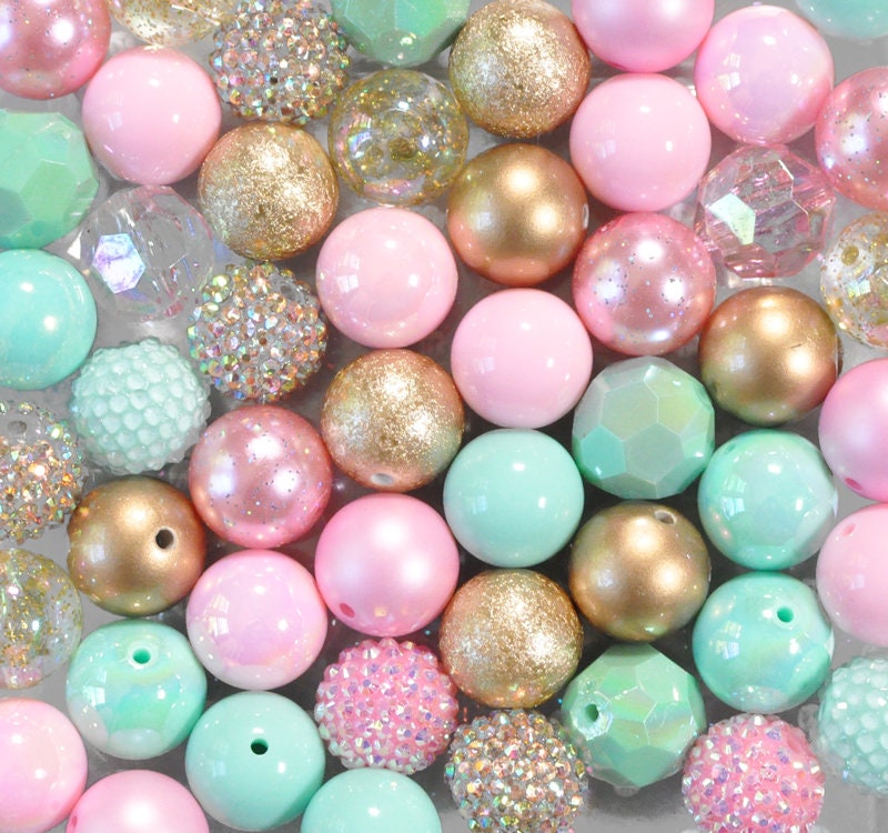 Pink mint and gold bubblegum beads