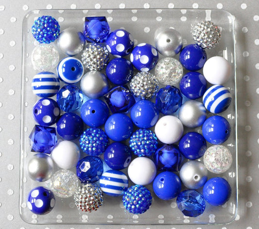 Royal blue white and silver bubblegum beads