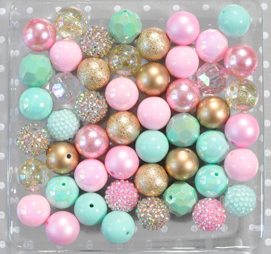 Pink mint and gold bubblegum beads